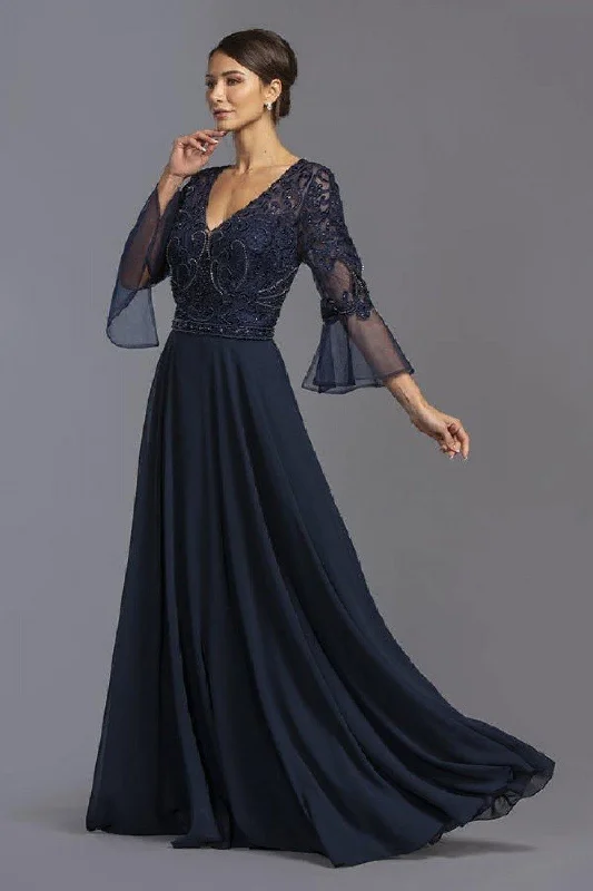 V-Neck Bell Sleeves Long Formal Dress Navy Blue