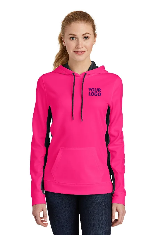 Sport-Tek Ladies Sport-Wick Fleece Colorblock Custom Hooded Pullovers, Neon Pink/ Black