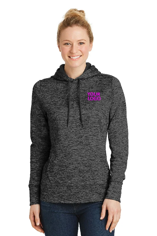 Sport-Tek Ladies PosiCharge Electric Heather Custom Fleece Hooded Pullovers, Grey- Black Electric