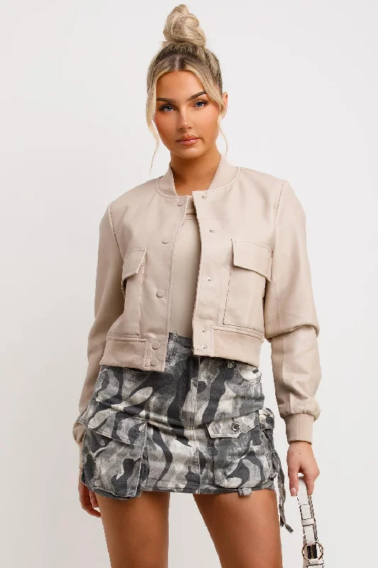 Beige Faux Leather Bomber Jacket