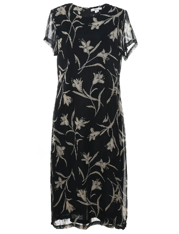 Black Floral Print Maxi Dress - L