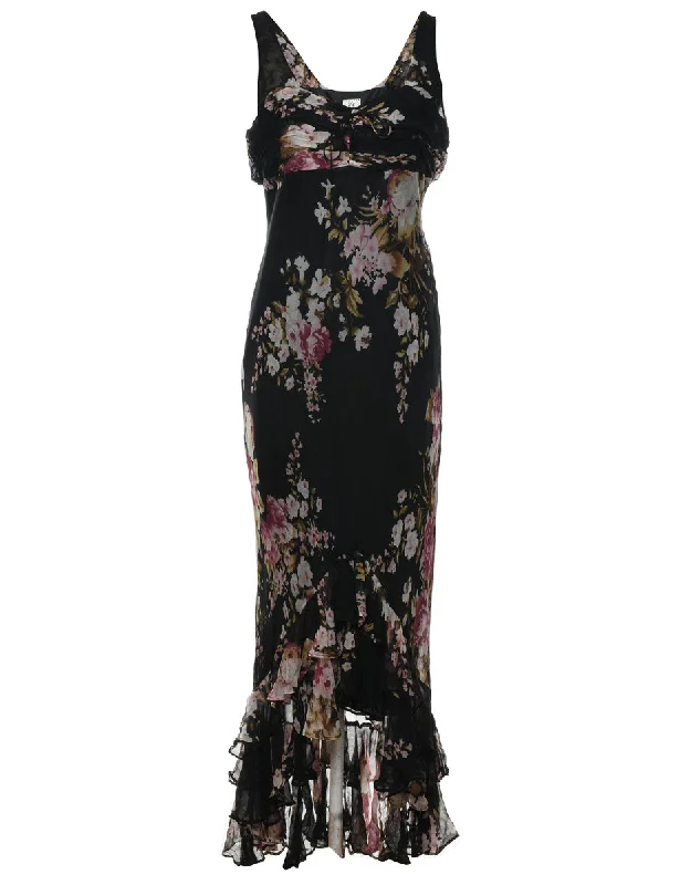 Black Floral Print Maxi Dress - S