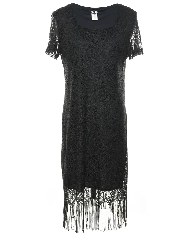 Black Fringed Lace Dress - M