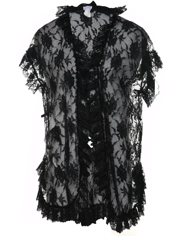 Black Lace Trim Dressing Gown - M