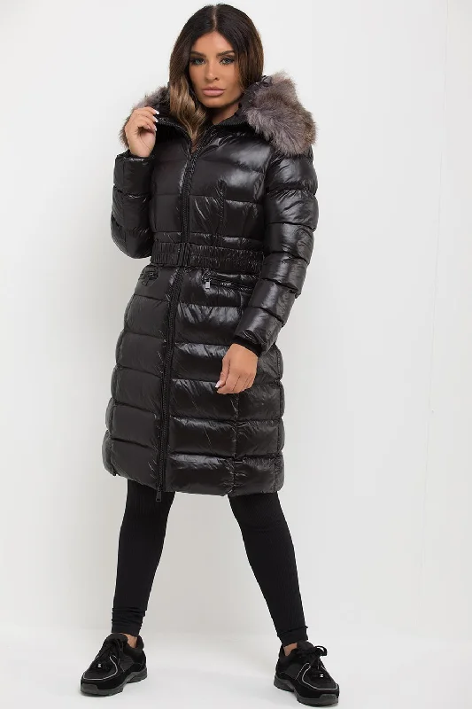 Black Long Puffer Padded Jacket With Faux Fur Hood & Belt