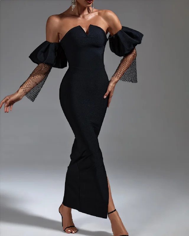 Black Puffed Sleeve Bandage Long Dress