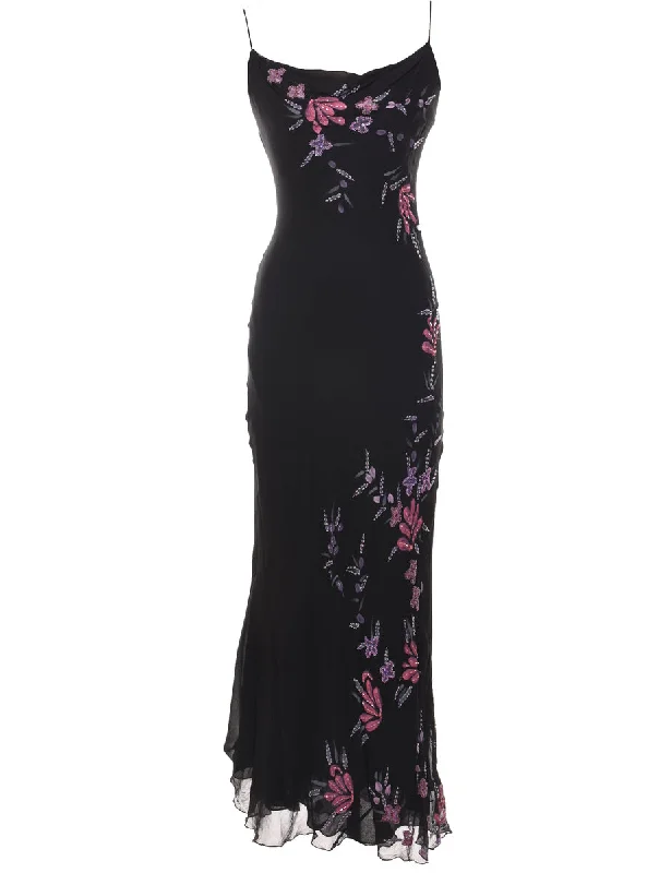 Black, Purple & Pink Embroidered Y2K Evening Dress - XS