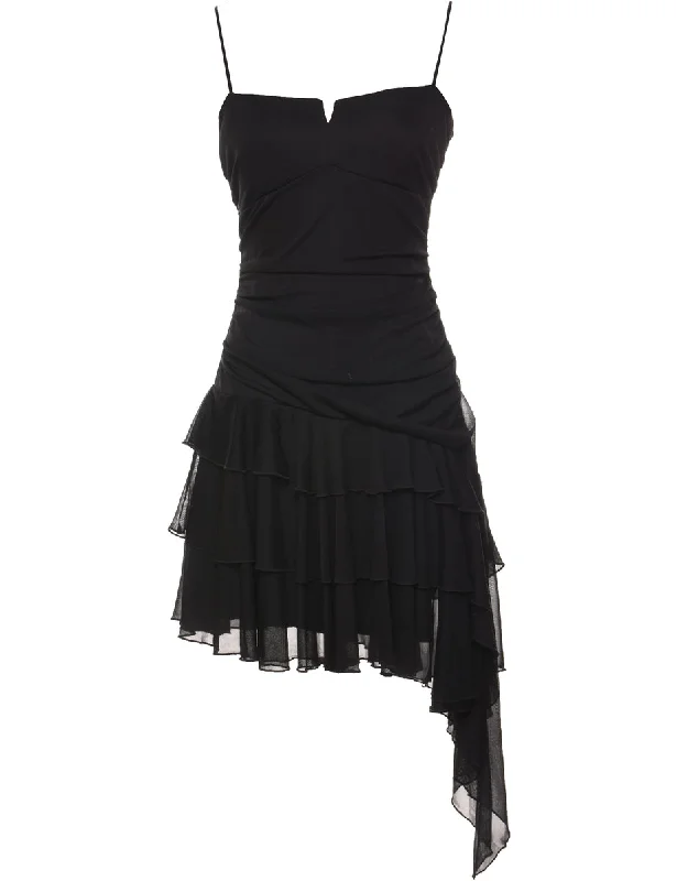 Black Ruffled Y2K Asymmetric Hem Evening Dress - S