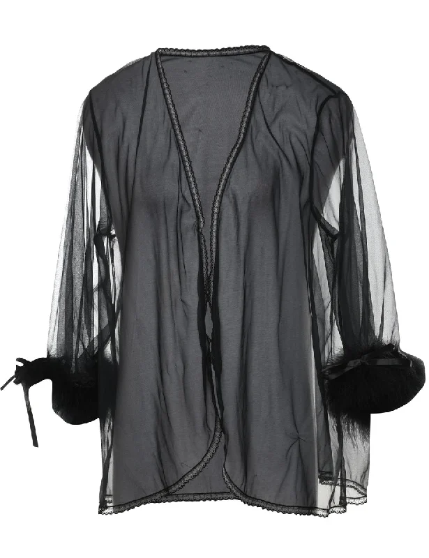 Black Sheer Faux Fur Trim Dressing Gown - L