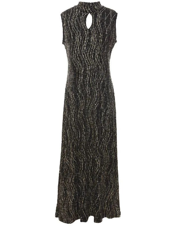 Black, Silver & Gold Sparkly Maxi Evening Dress - L