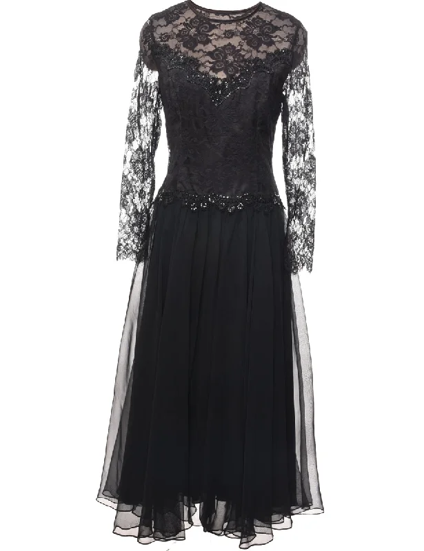 Black Sparkly Long-Sleeve Lace Evening Dress - L