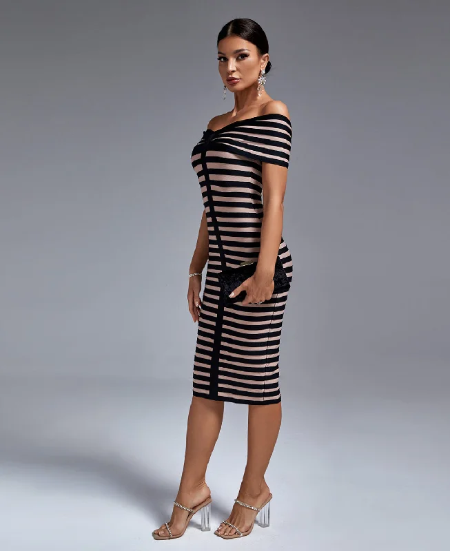 Black Stripe Off Shoulder Bandage Dress