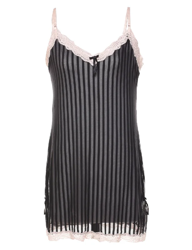 Black Striped & Sheer Lace Trim Slip Dress  - S