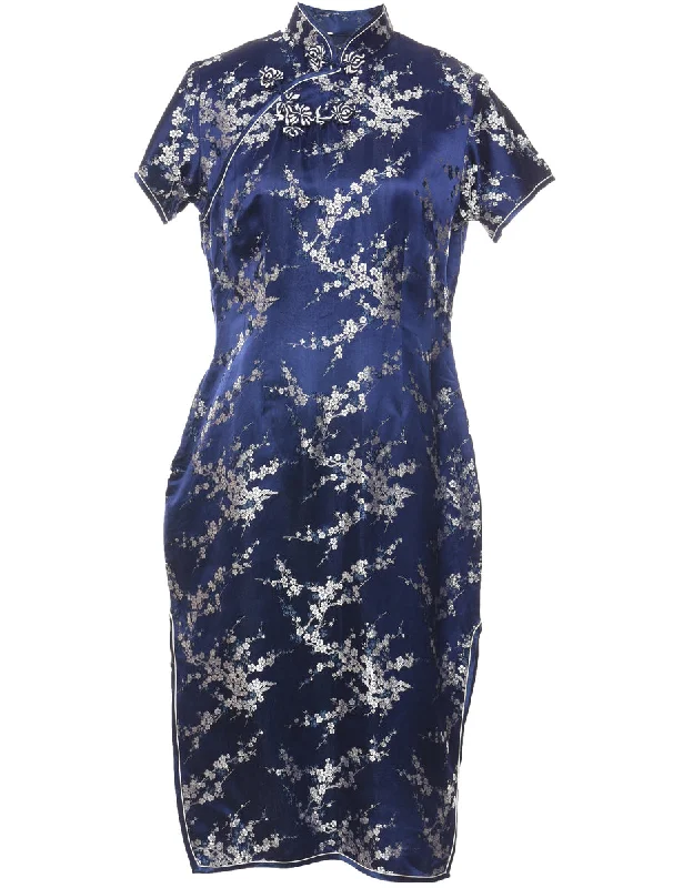 Brocade Design Navy & Silver Metallic Evening Dress - M