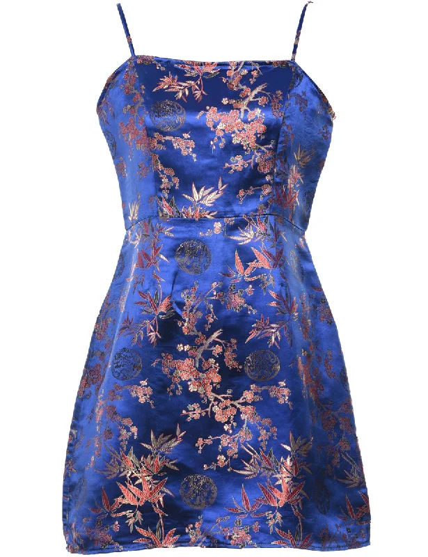 Brocade Pattern Blue Metallic Brocade Evening Dress - M