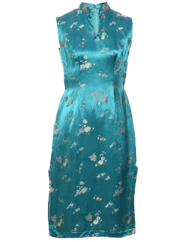 Brocade Turquoise Silky Evening Dress - M