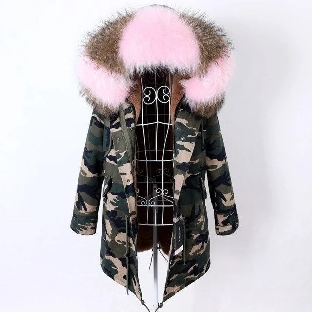 Camouflage Pattern Women's Real Fur Winter Coat Jacket with Fur Collar