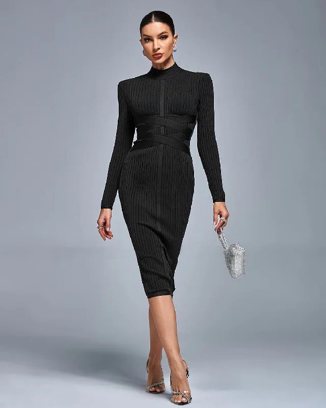 Classic Cross Ribbed Bandage Midi Dress