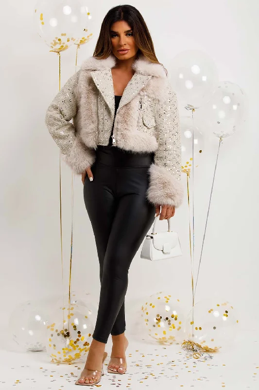 Crop Faux Fur Coat With Sequin Embellishment Beige