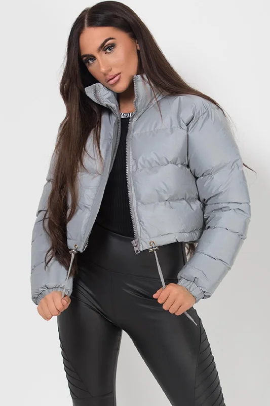 Crop Puffer Jacket Grey Reflective