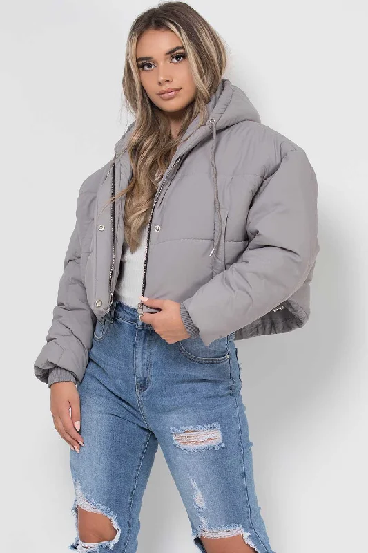 Crop Puffer Jacket With Hood Grey