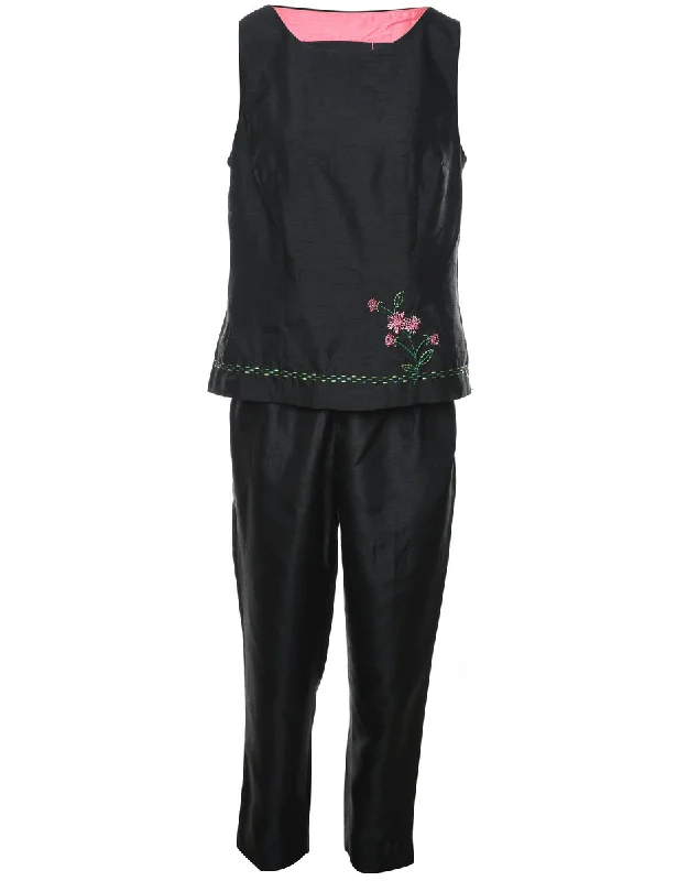 Embroidered Black Floral Top & Trouser Set - M