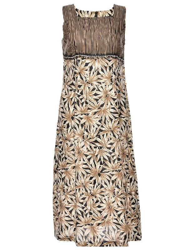 Floral Print Black & Brown Square Neck Dress - M