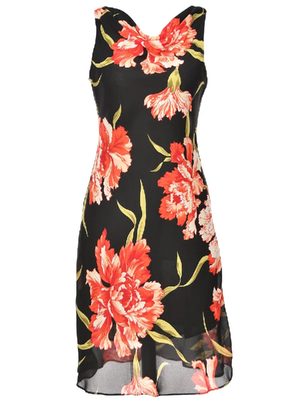 Floral Print Black & Red V-Neck Dress - L