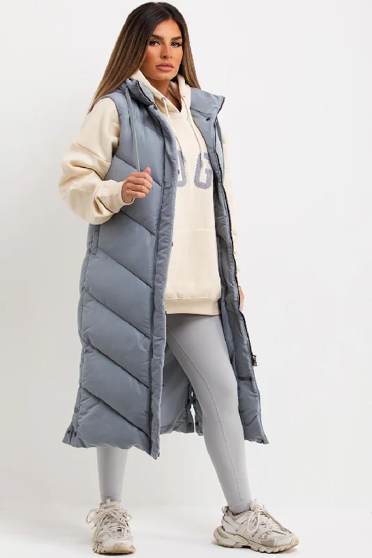 Grey Long Gilet With Chevron Padded Style