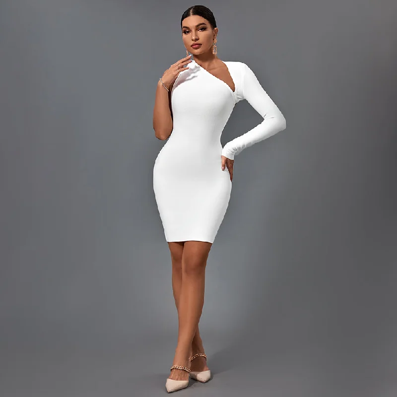 Stunning Asymmetrical Mini Bandage Dress with Halter One Sleeve Design