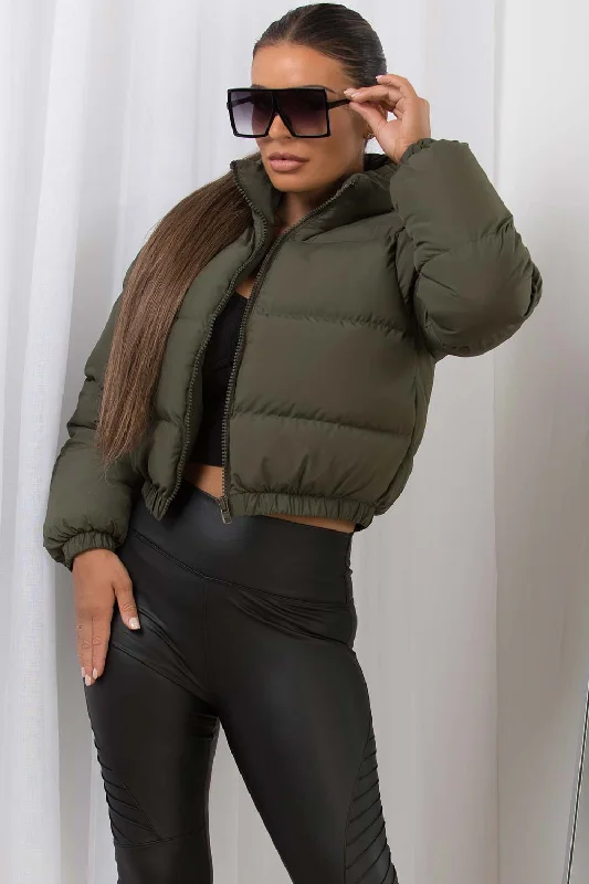 Khaki Crop Puffer Jacket