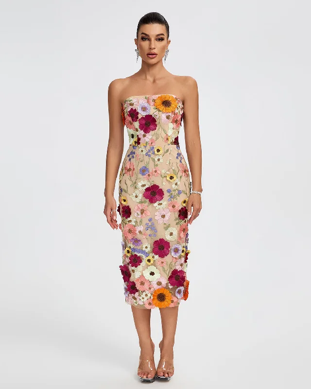 Maraya Strapless Floral Applique Midi Dress