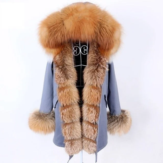 Natural Fur Collar Hooded Long-Sleeved Thick Warm Winter Jacket for Women