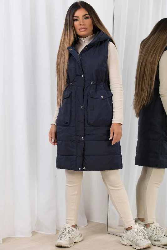 Navy Padded Gilet With Drawstring Waist Longline