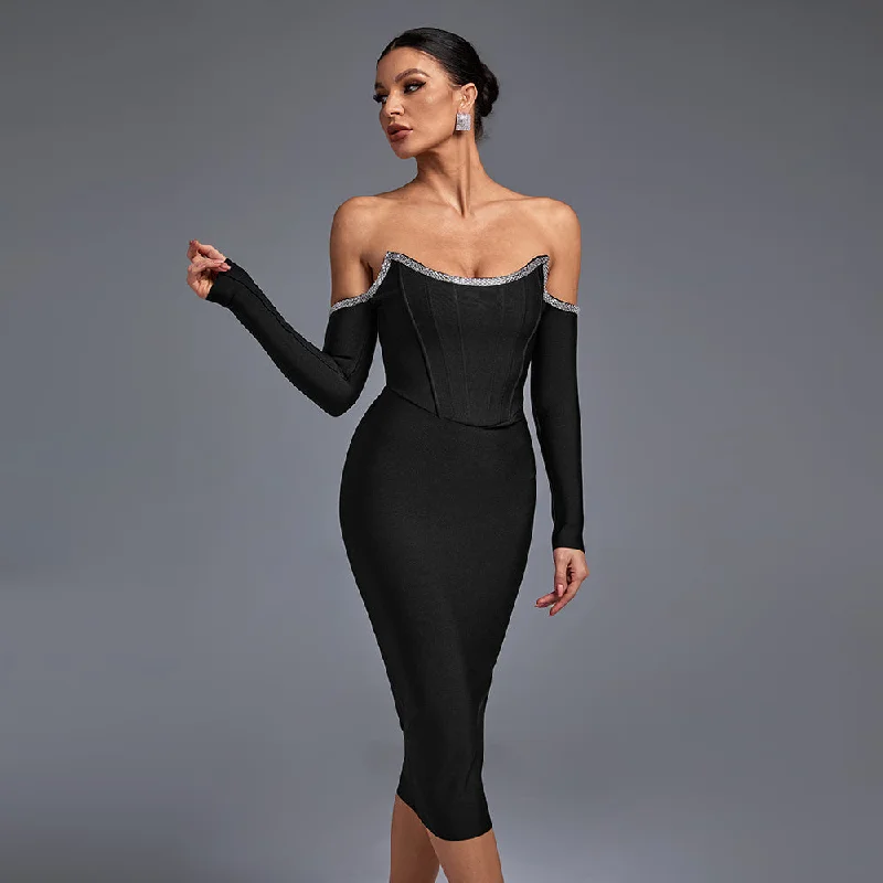 Elegant Off-Shoulder Rhinestone-Embellished Midi Bandage Dress