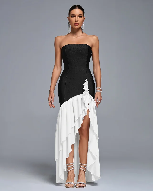 Open Back Color Block Ruffle Layered Maxi Dress