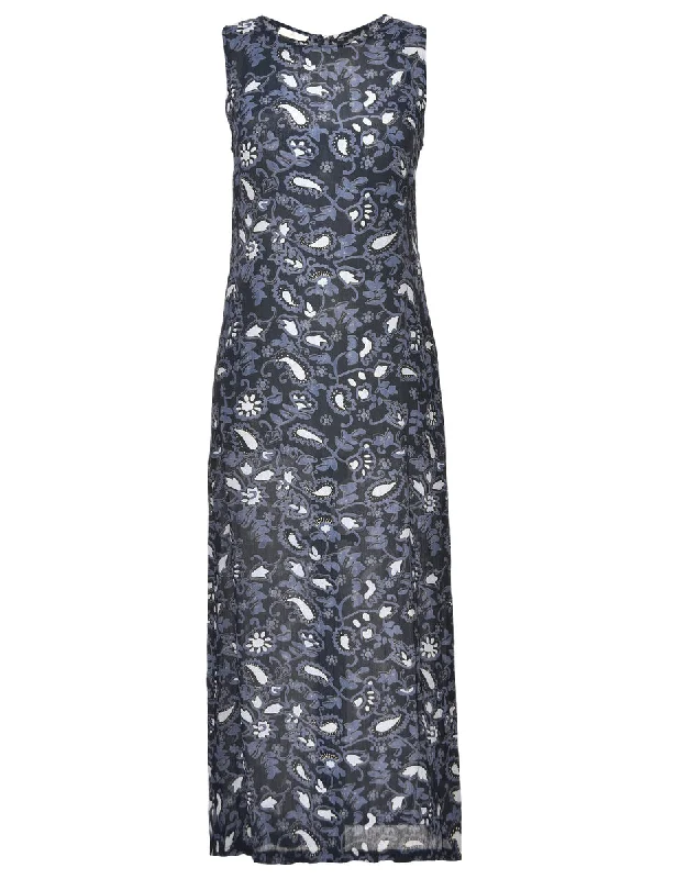 Paisley Print Navy & Black Round Neck Dress - L