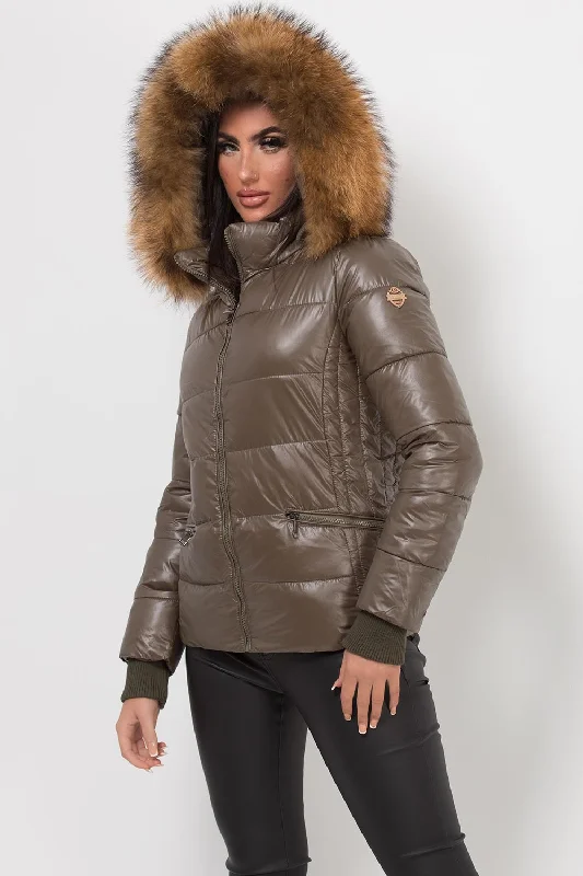 Puffer Jacket With Real Fur Hood Khaki