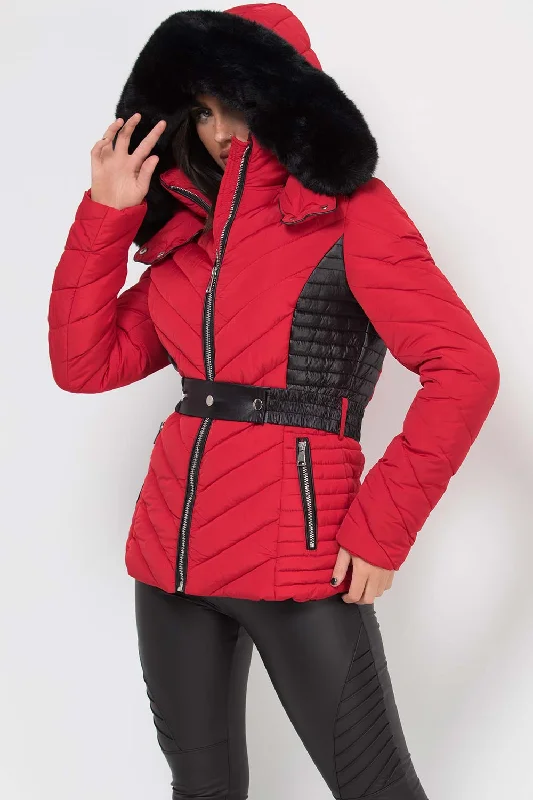 Puffer Quilted Jacket With Faux Fur Hood And Belt Red