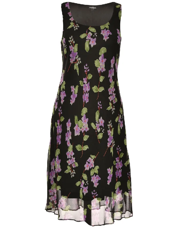 Purple & Black Floral Print Dress - L