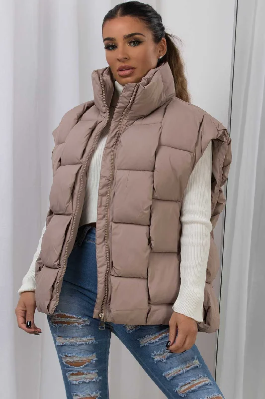 Quilted Padded Gilet With Woven Detail Beige