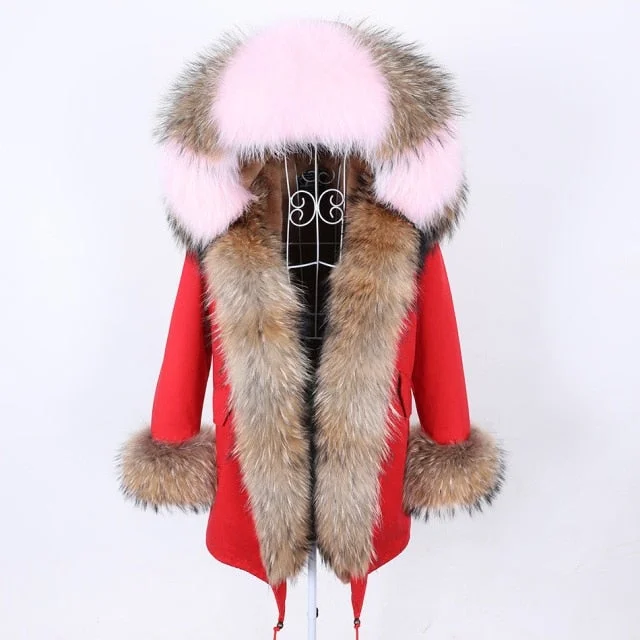 Red Color Women's Natural Real Fur Collared Coat Parka Jacket for Winter