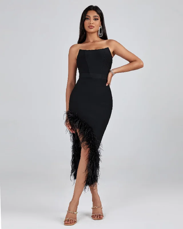 Strapless Feather Trim Midi Bandage Dress