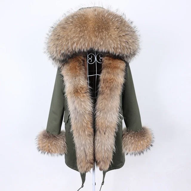 Stylish Army Green Color Women's Real Fur Winter Coat Jacket with Fur Collar