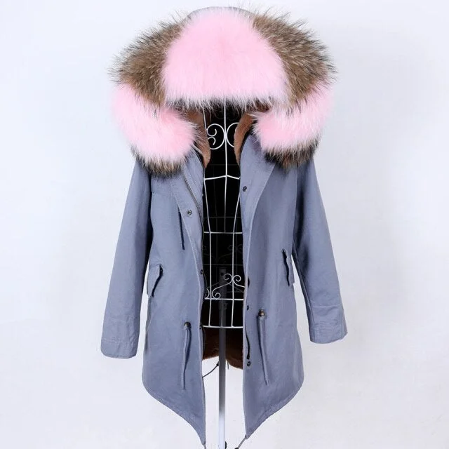 Stylish Blue Grey Color Women's Real Fur Winter Coat Jacket with Fur Collar