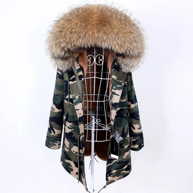 Stylish Camo Pattern Women's Real Fur Winter Coat Jacket with Fur Collar