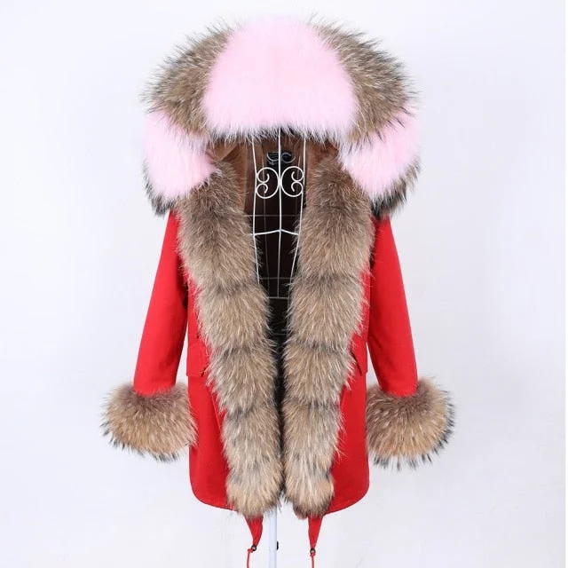 Stylish Red Natural Fur Collar Hooded Long-Sleeved Winter Jacket for Women