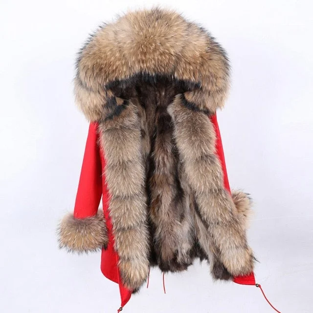 Thick Warm Hooded Women's Winter Jacket with Natural Raccoon Fur Collar