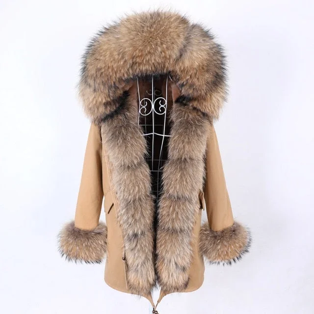 Thick Warm Winter Style Khaki Natural Fur Collar Coat Parka Jacket for Women