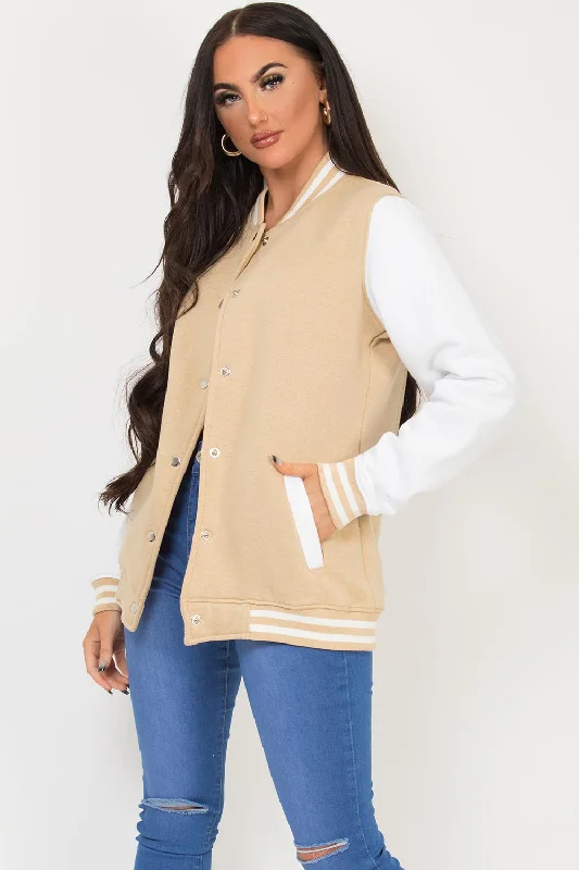 Varsity Contrast Bomber Jacket Beige